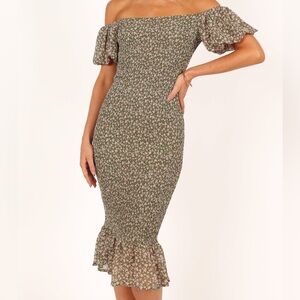 Petal and Pup Bodycon Off Shoulder Floral Midi Dress